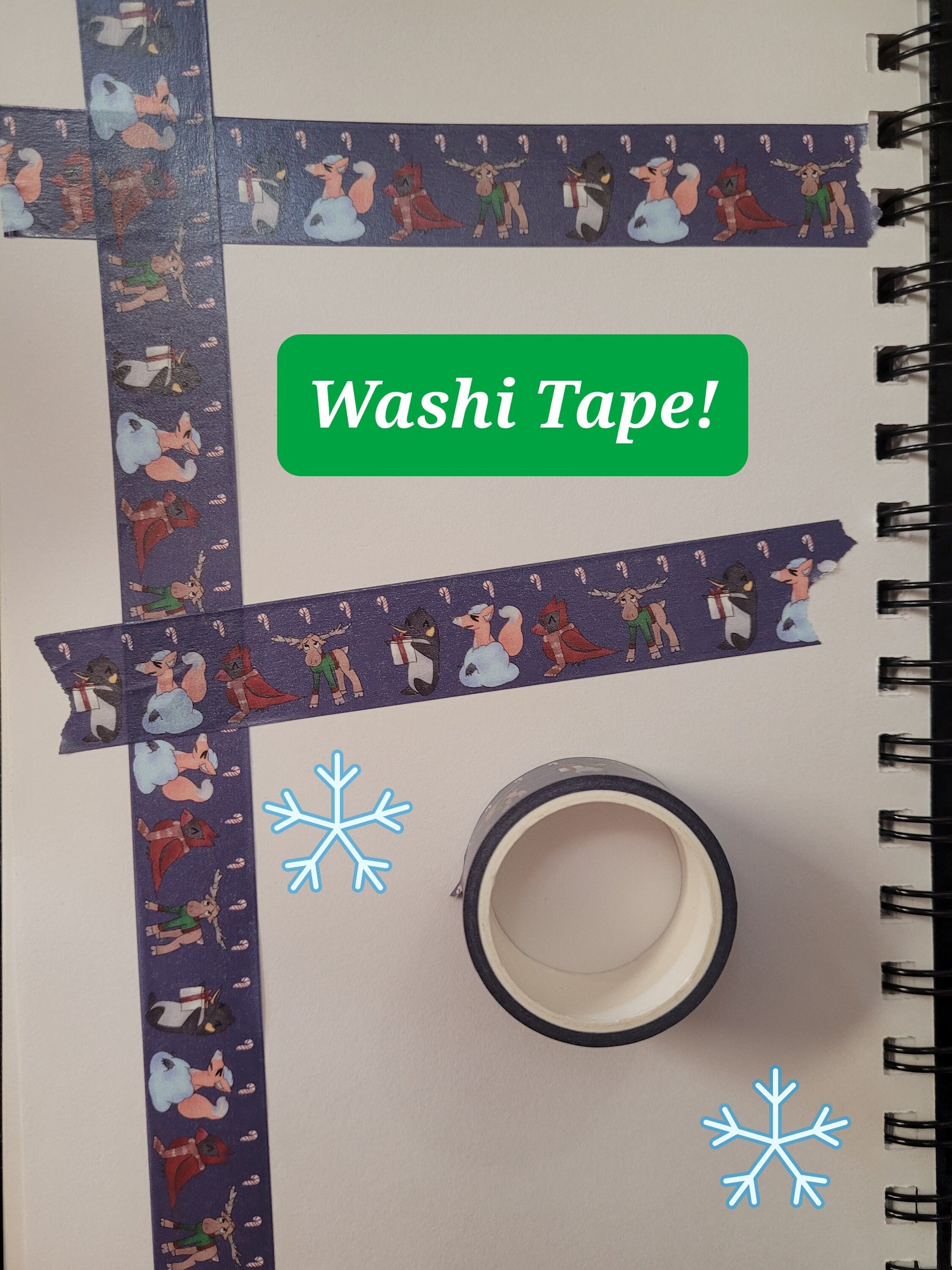 Cute Christmas Critters Washi Tape - Blue And With Candycanes - Bullet Journals Or Gift Wrapping