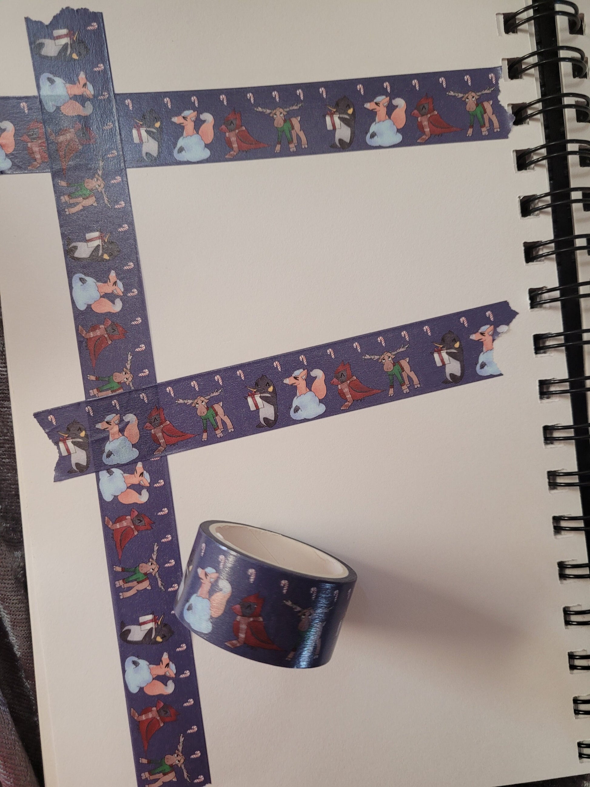 Cute Christmas Critters Washi Tape - Blue And With Candycanes - Bullet Journals Or Gift Wrapping