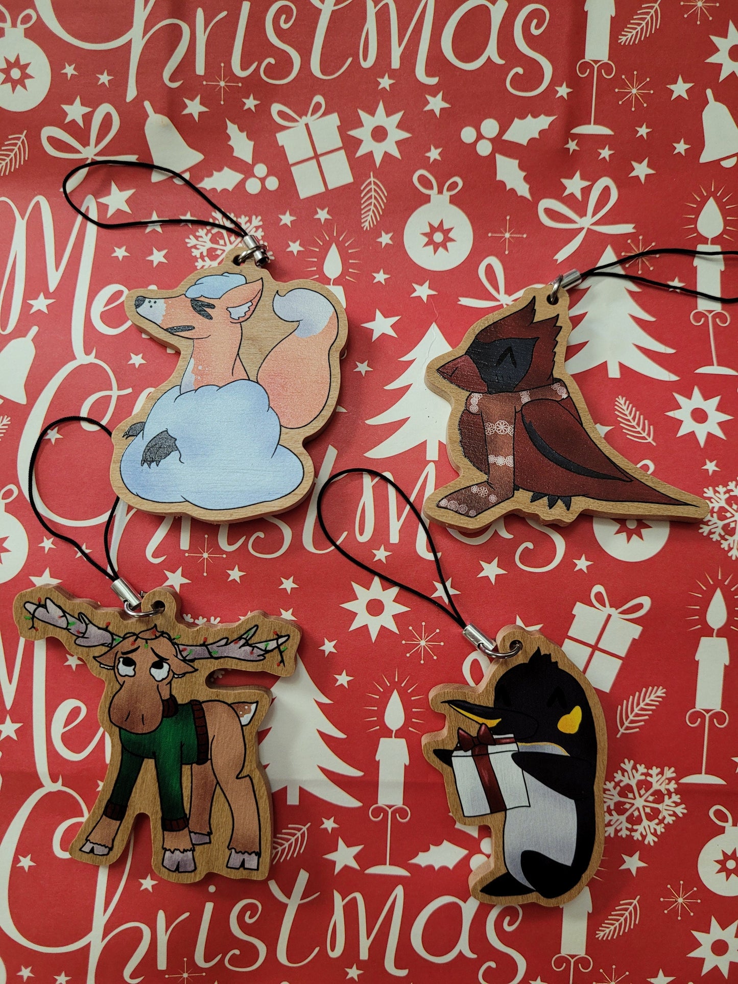 Wintertime Critter Wooden Christmas Ornaments / Keychains - Cardinal, Penguin, Fox, Reindeer