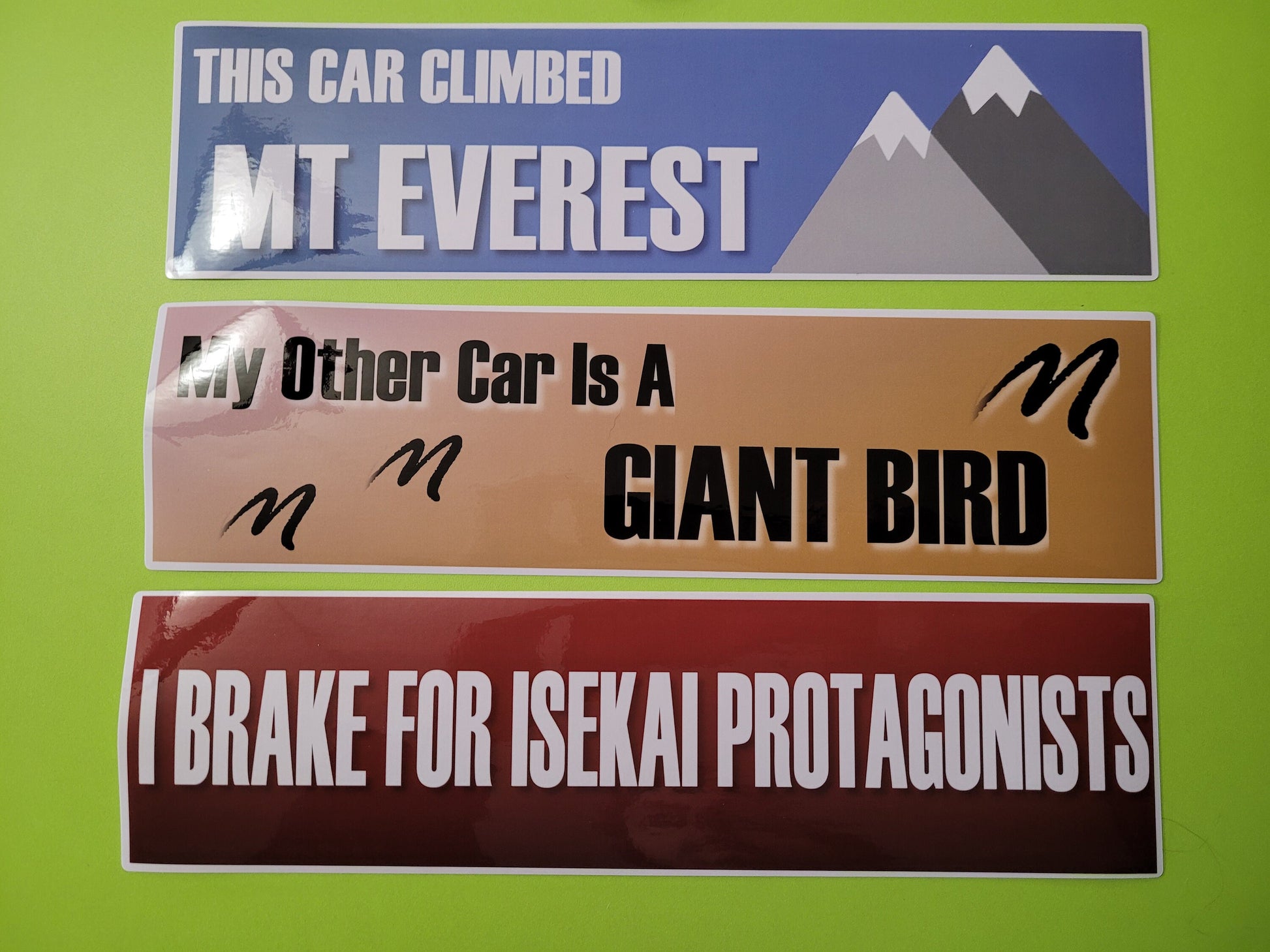 Joke Slogan Bumper Stickers - Everest, Giant Bird, Isekai