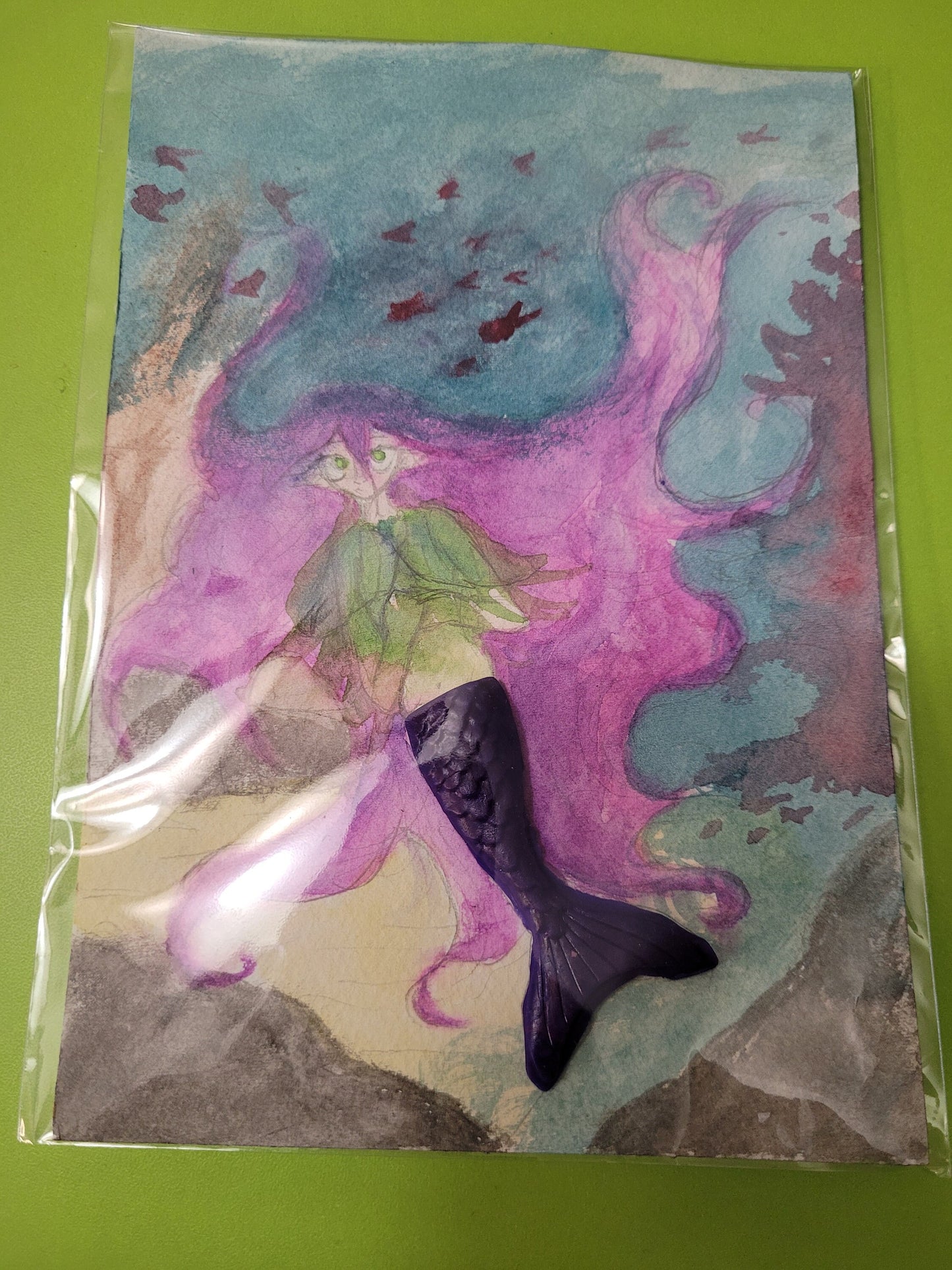 Underwater Mermaid Painting - Polymer Clay Tail - 5x7 Original or 4x6 Prints