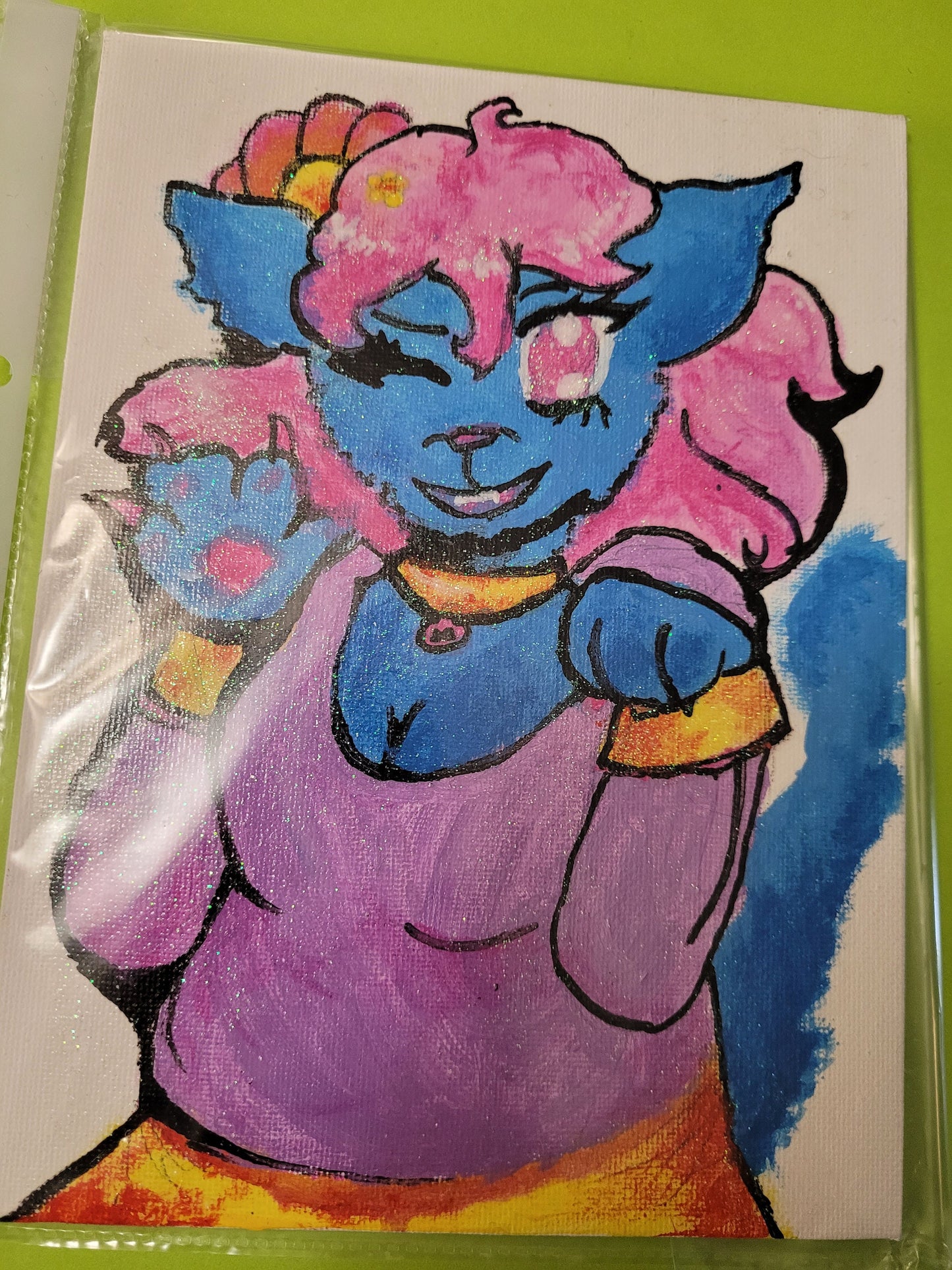 Pink And Blue Anthro Furry Cat Girl Original Acrylic Painting 6x8