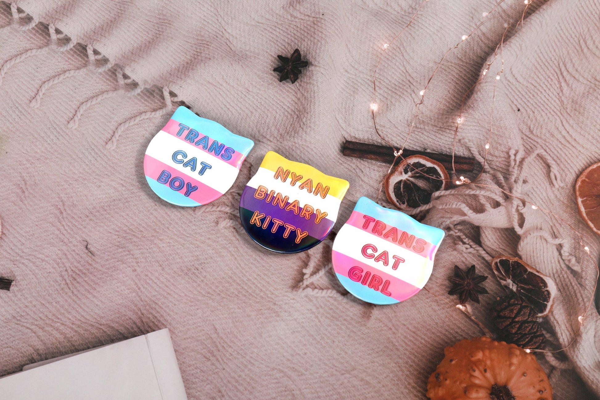 Trans + Nonbinary Pride Cat Pin Badges