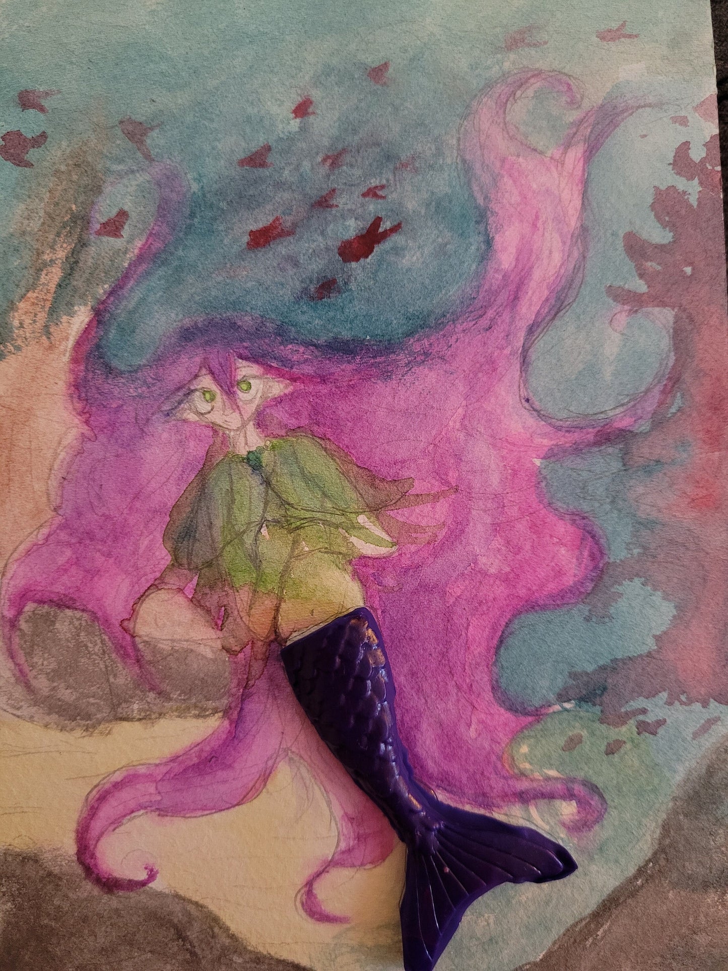 Underwater Mermaid Painting - Polymer Clay Tail - 5x7 Original or 4x6 Prints