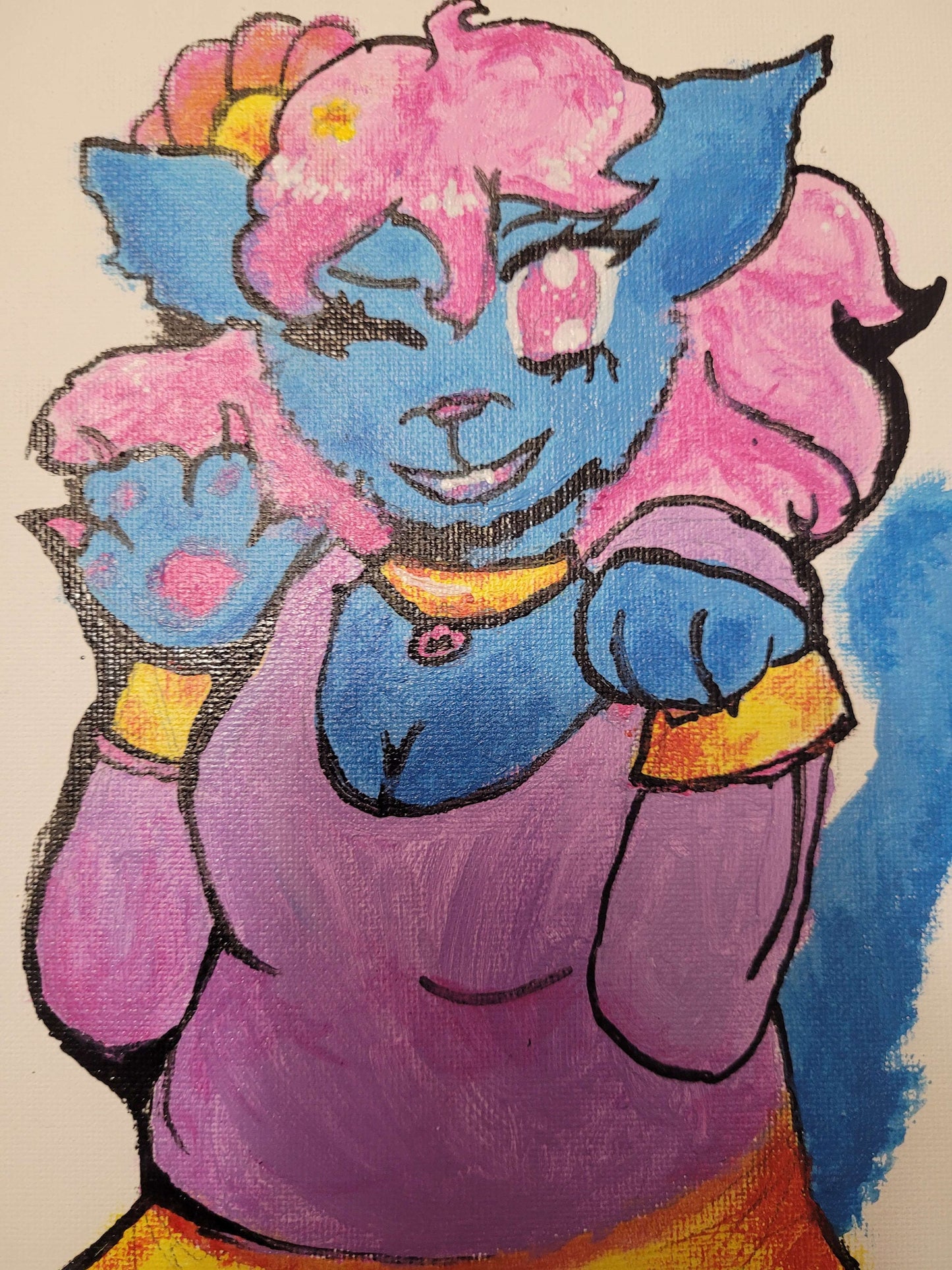 Pink And Blue Anthro Furry Cat Girl Original Acrylic Painting 6x8