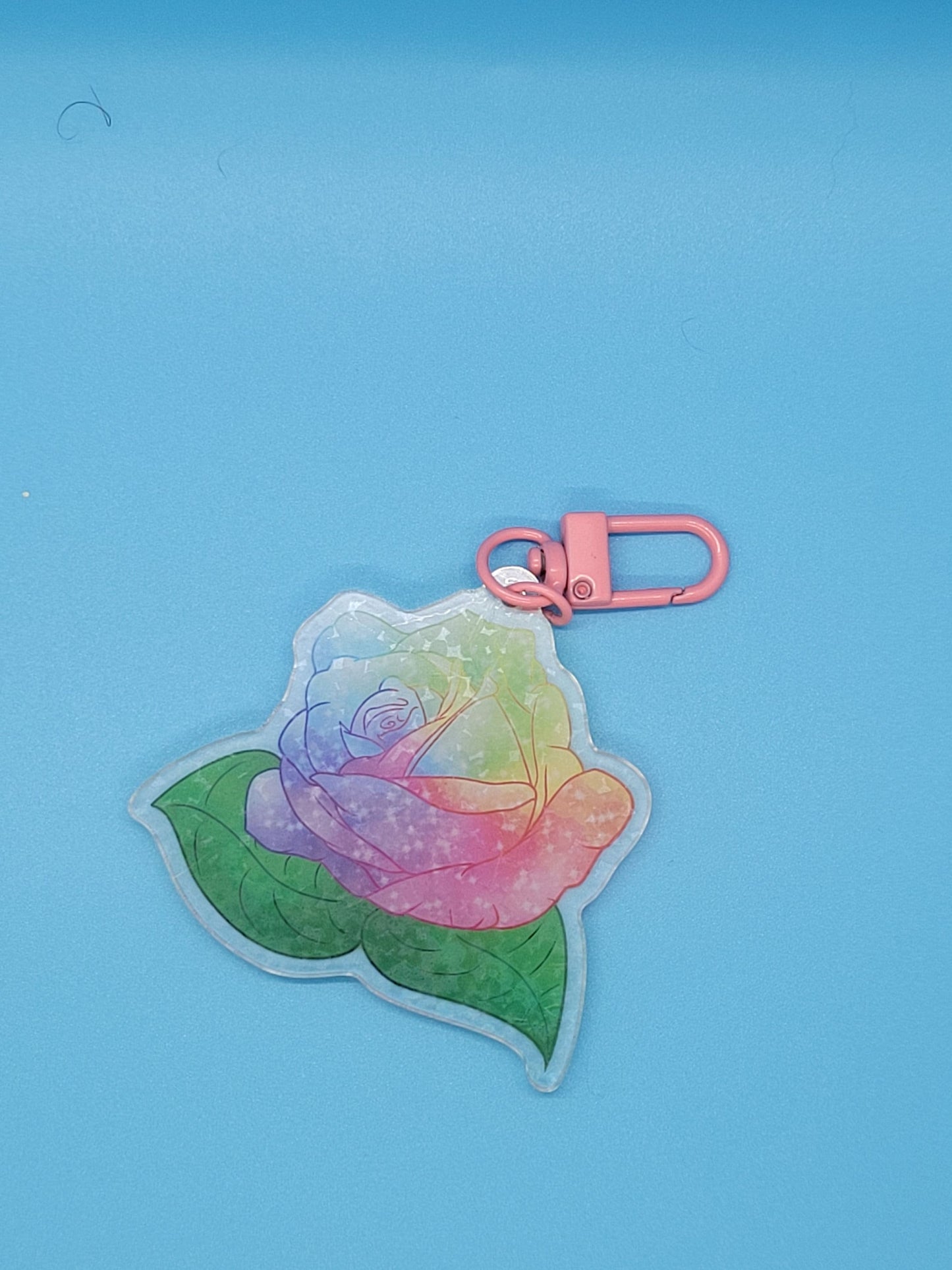 Glittery Rainbow Pride Rose- Epoxy Pin, Holo Keychain, Prismatic Sticker