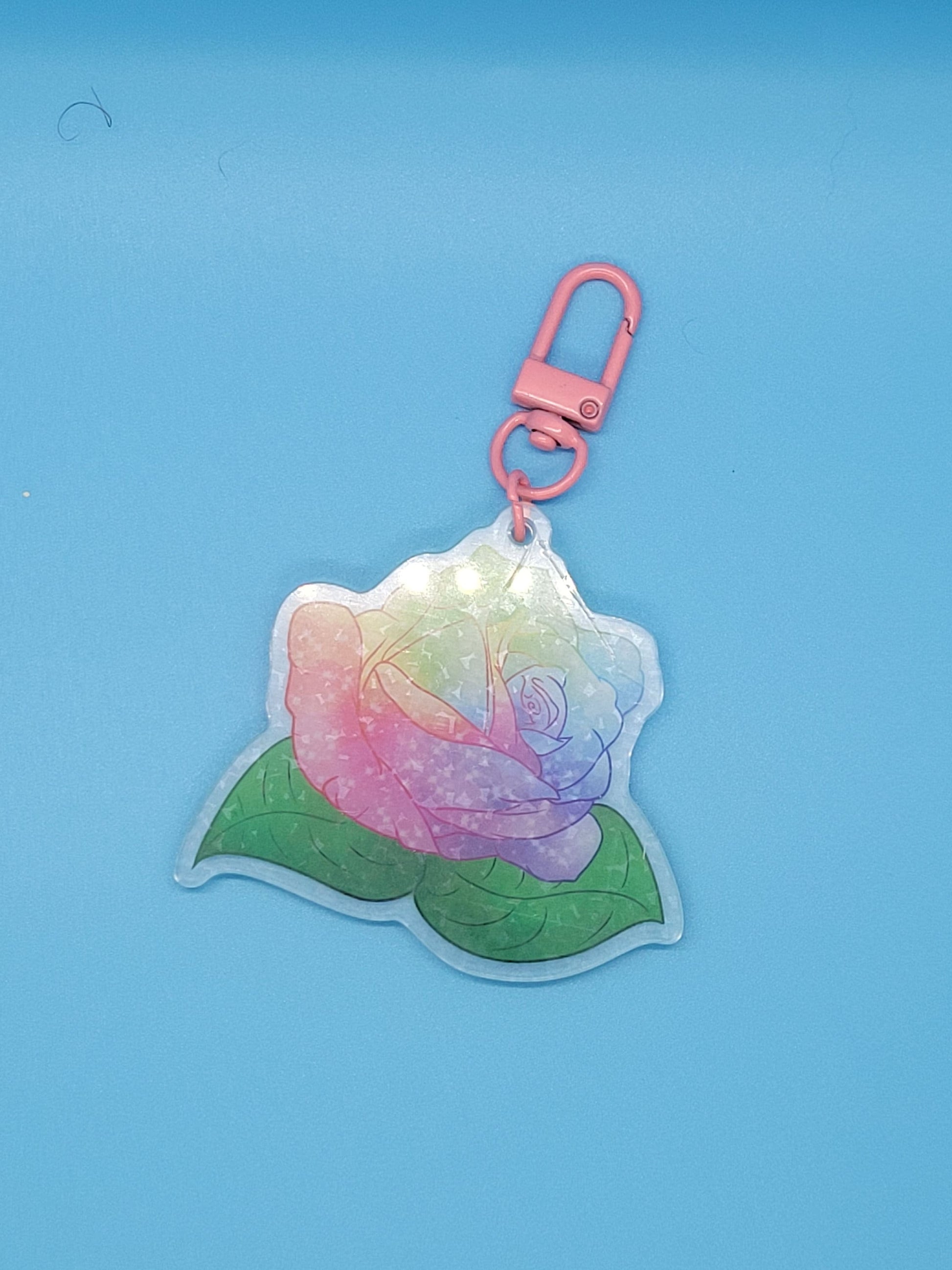 Glittery Rainbow Pride Rose- Epoxy Pin, Holo Keychain, Prismatic Sticker