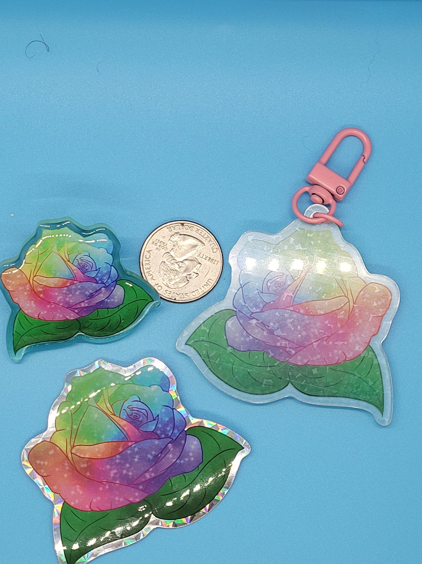 Glittery Rainbow Pride Rose- Epoxy Pin, Holo Keychain, Prismatic Sticker