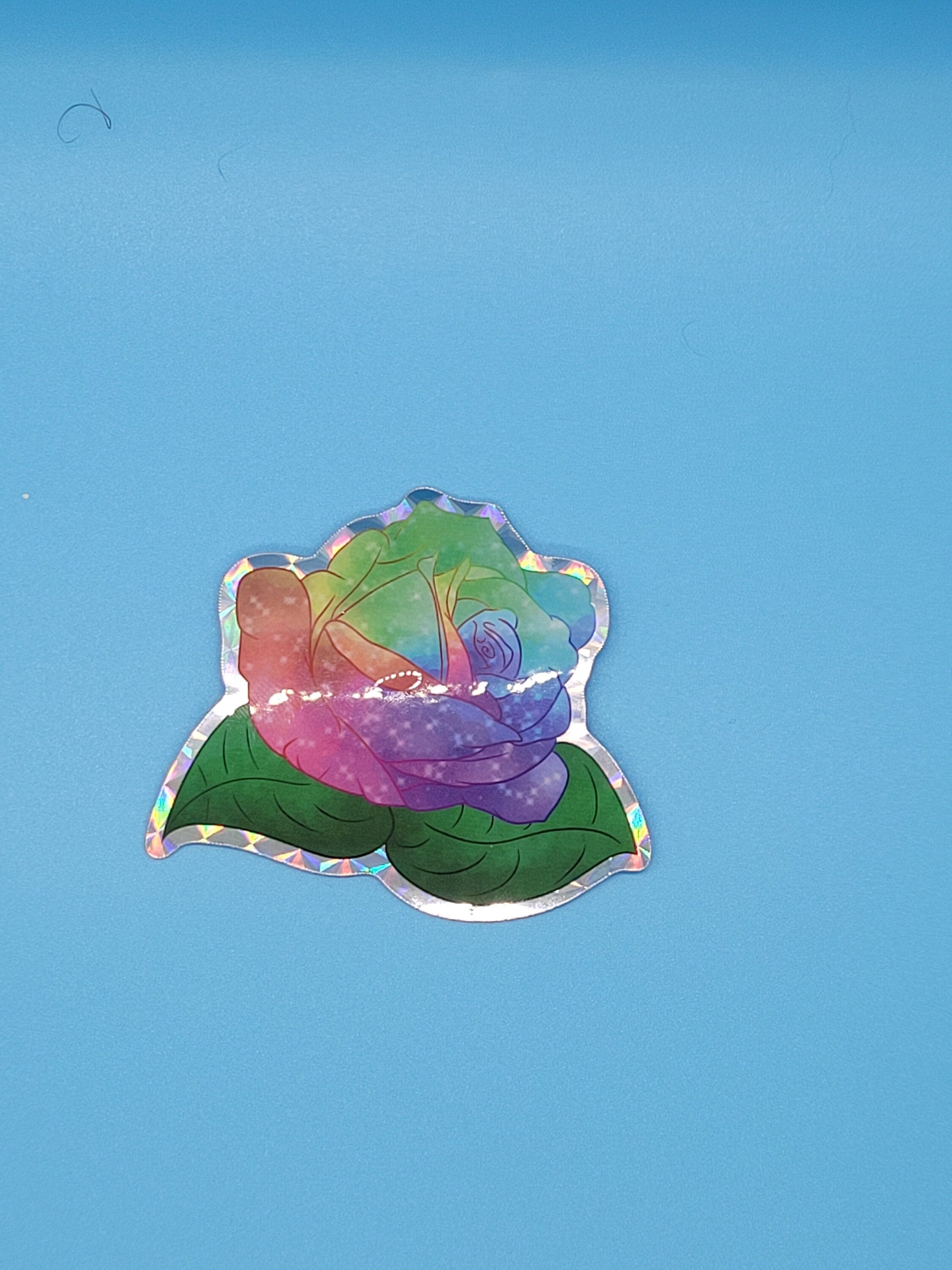 Glittery Rainbow Pride Rose- Epoxy Pin, Holo Keychain, Prismatic Sticker