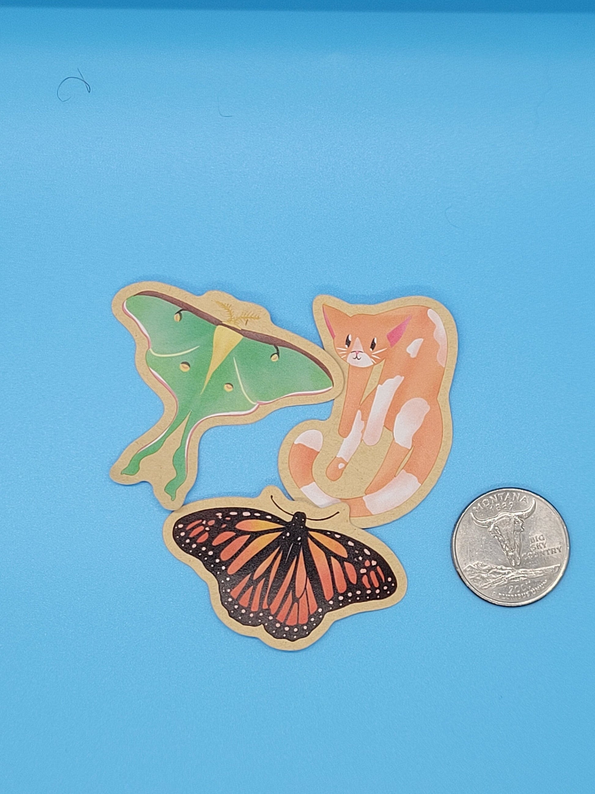 Wildlife BuJo Kraft Paper Stickers - Luna Moth, Monarch Butterfly, Orange Cat