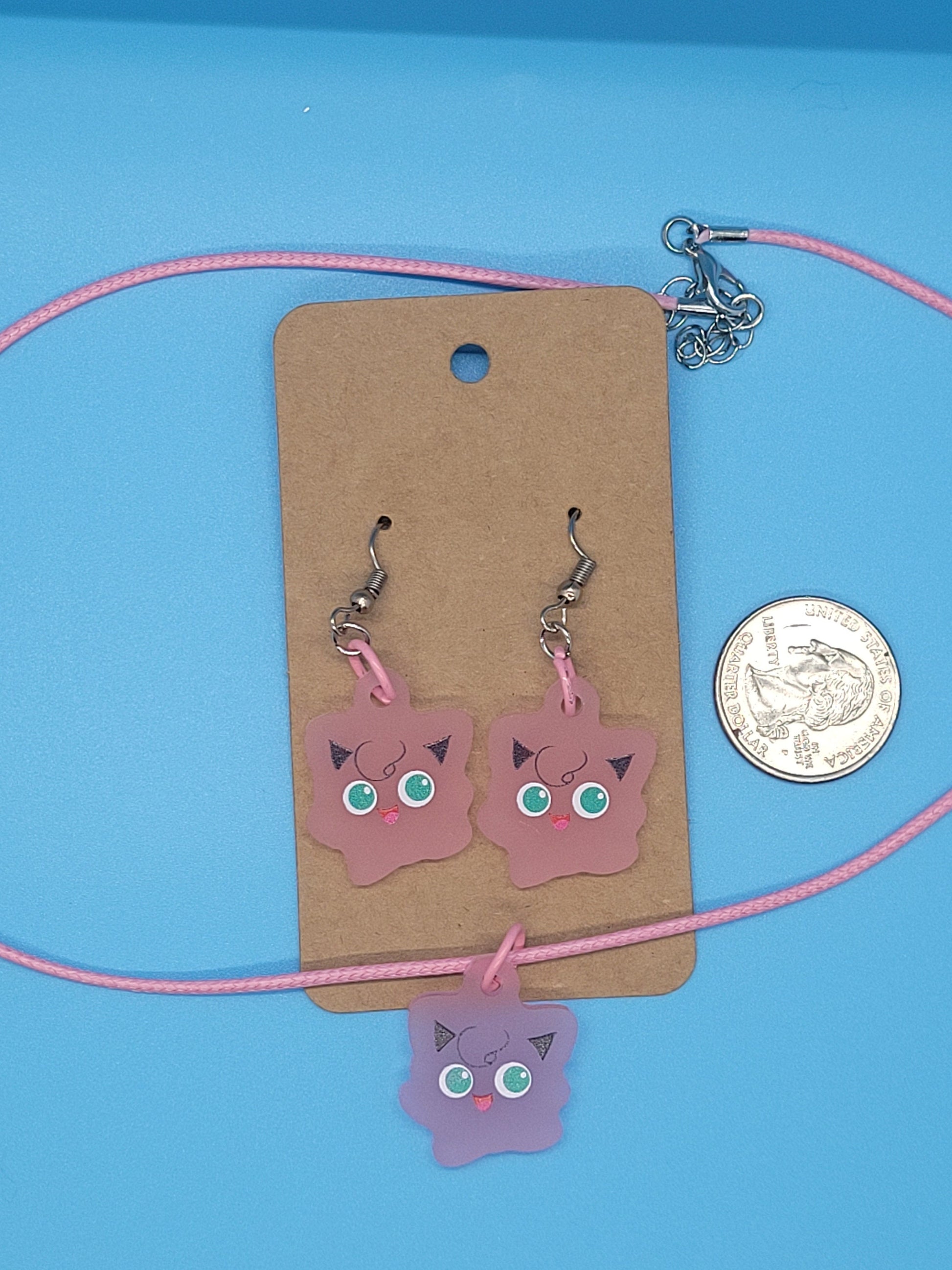 Pokemon Frosted Acrylic Jigglypuff Dangle Earrings + Cord Necklace