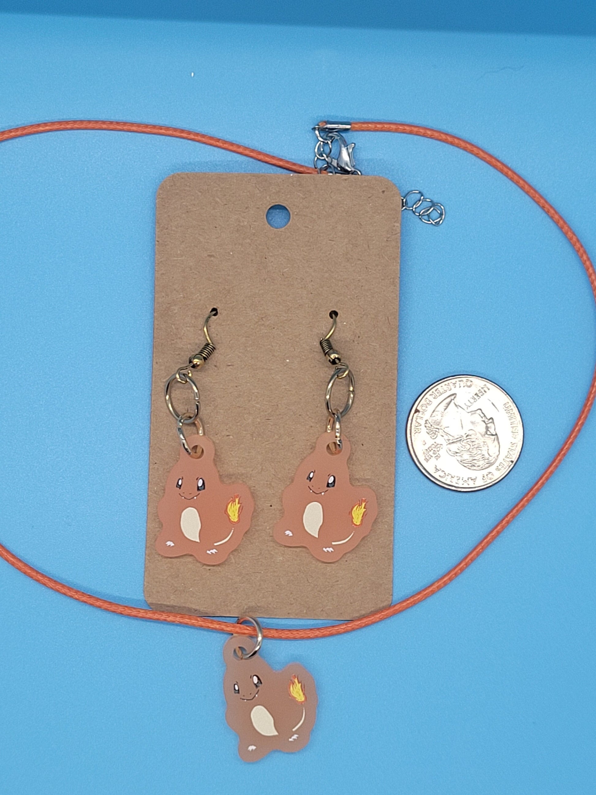 Pokemon Frosted Acrylic Charmander Dangle Earrings + Cord Necklace