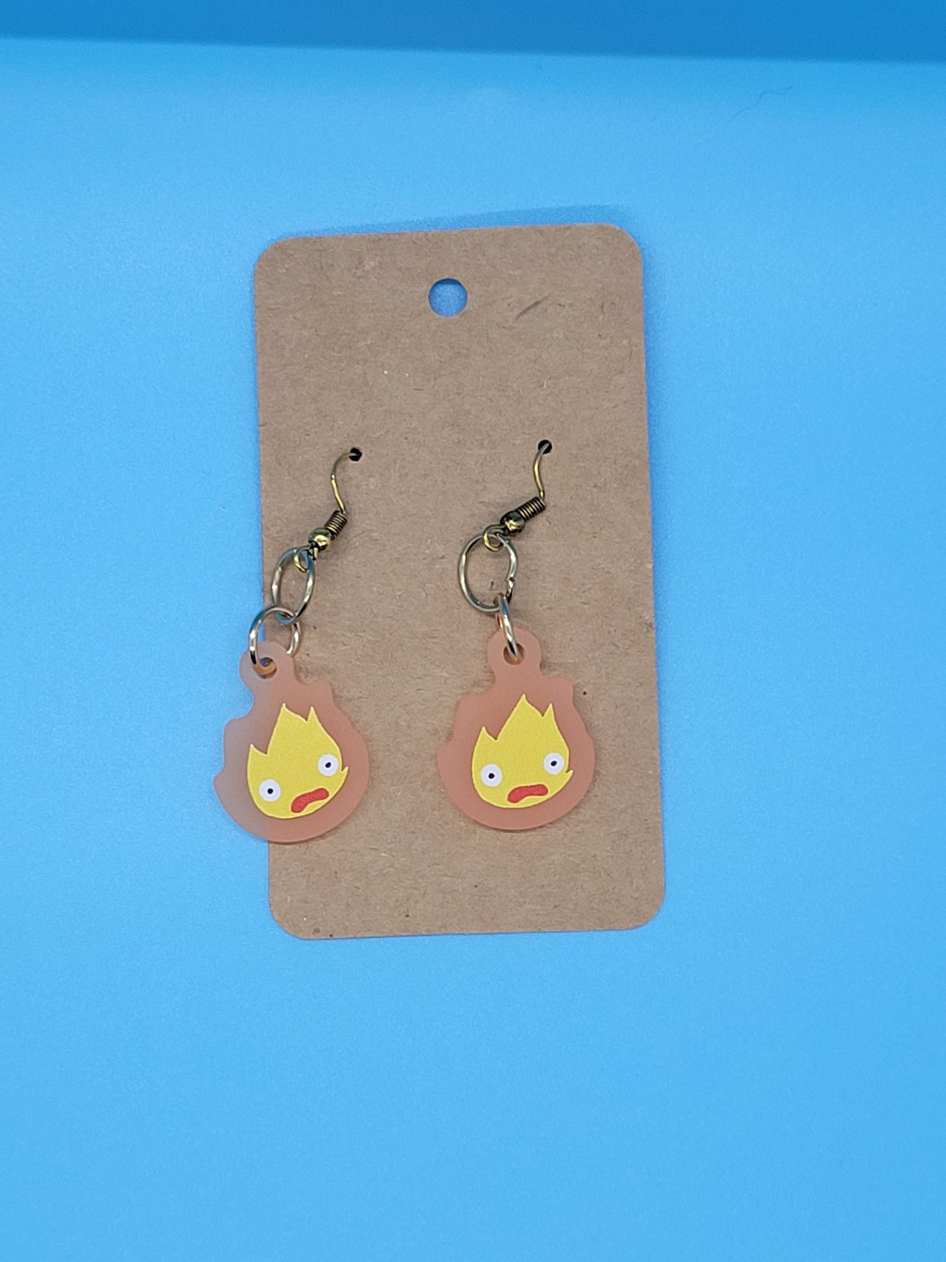 Howl's Moving Castle Frosted Acrylic Calcifer Dangle Earrings + Cord Necklace