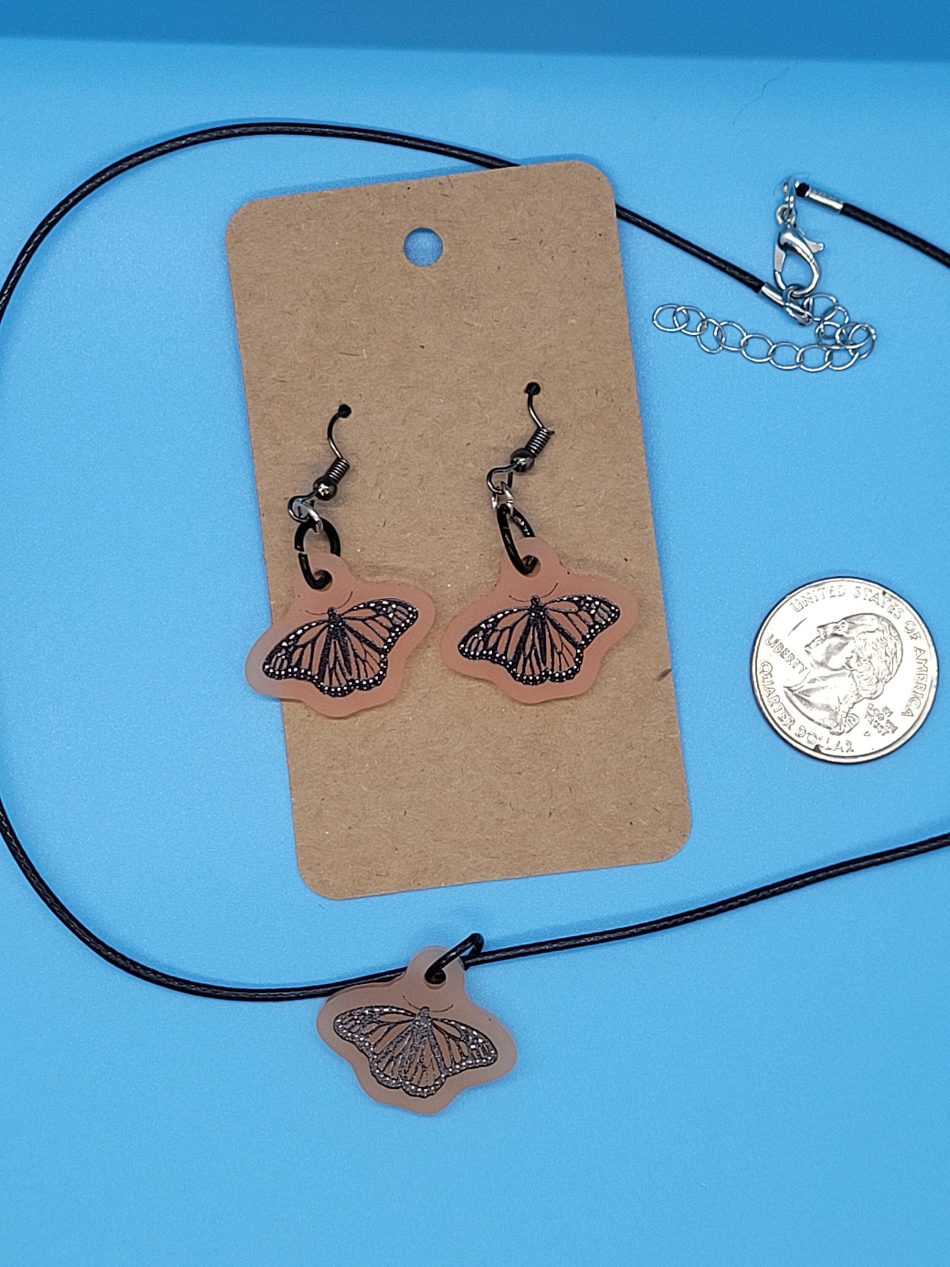 Frosted Acrylic Monarch Butterfly Dangle Earrings + Cord Necklace