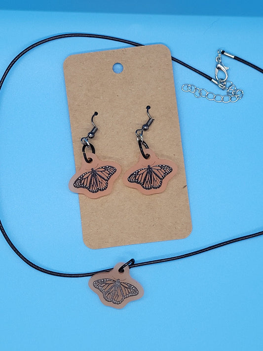 Frosted Acrylic Monarch Butterfly Dangle Earrings + Cord Necklace