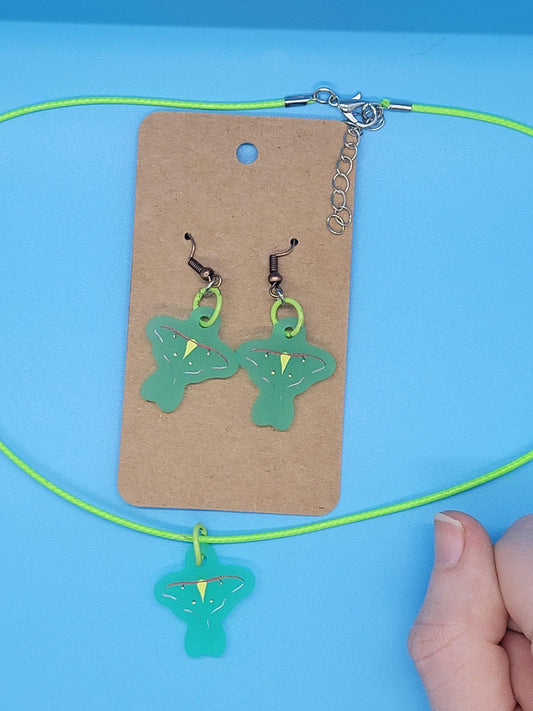 Frosted Acrylic Luna Moth Dangle Earrings + Cord Necklace