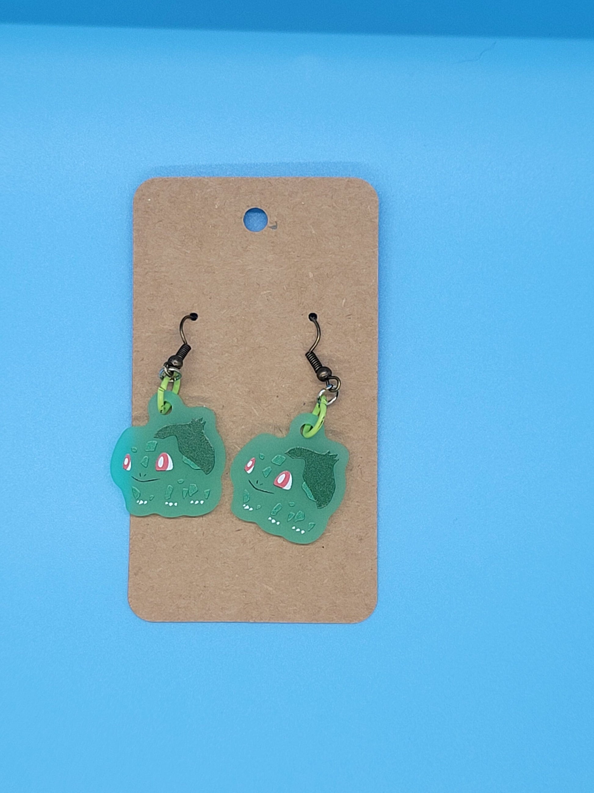 Pokemon Frosted Acrylic Bulbasaur Dangle Earrings + Cord Necklace