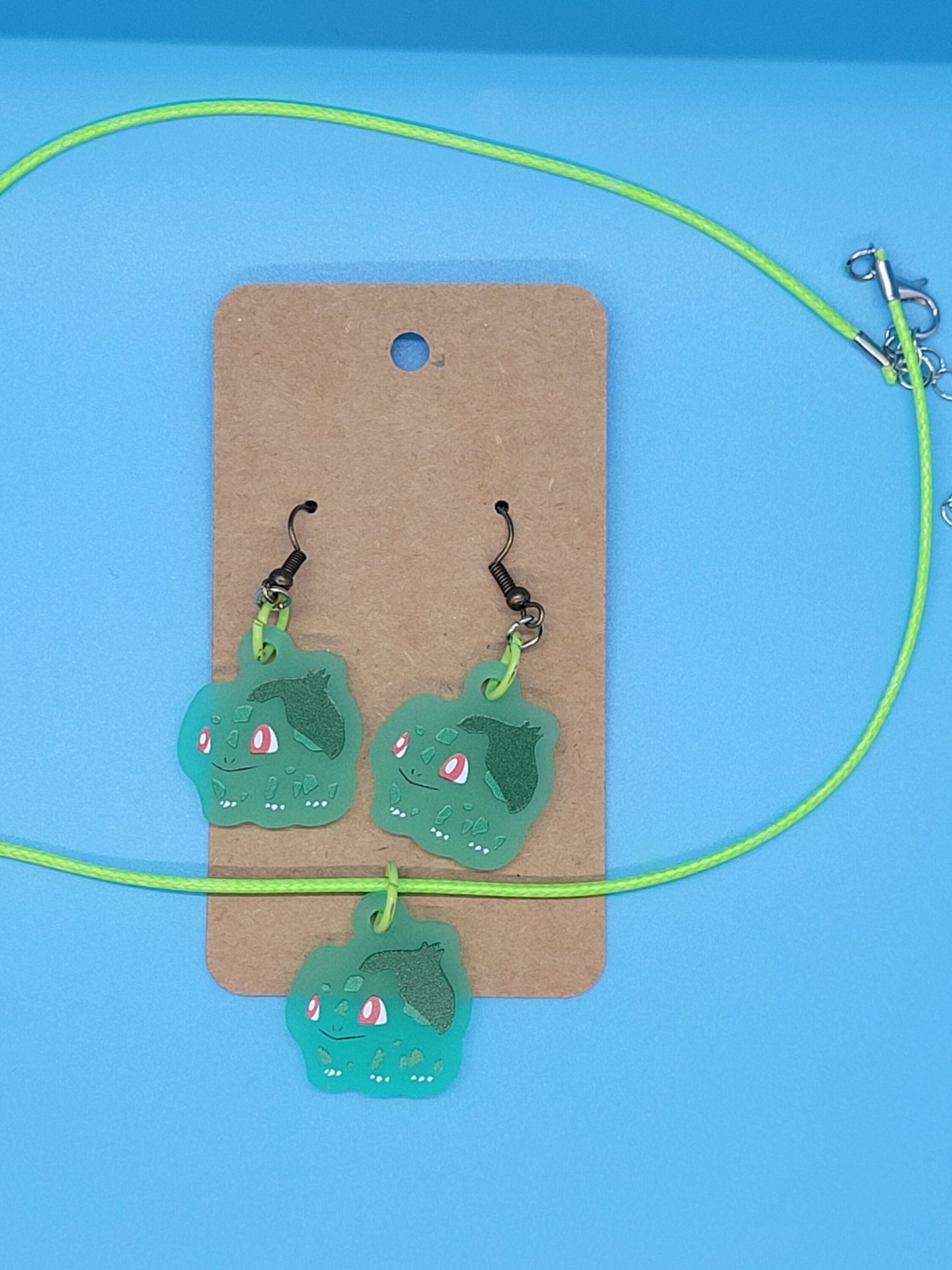 Pokemon Frosted Acrylic Bulbasaur Dangle Earrings + Cord Necklace