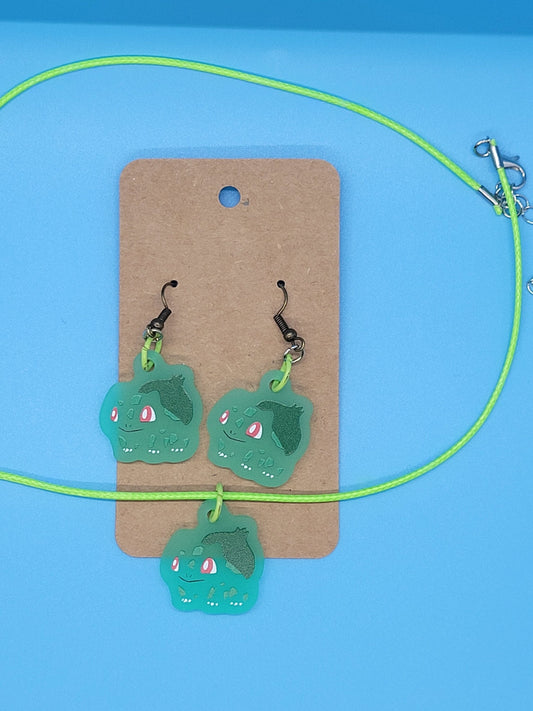 Pokemon Frosted Acrylic Bulbasaur Dangle Earrings + Cord Necklace