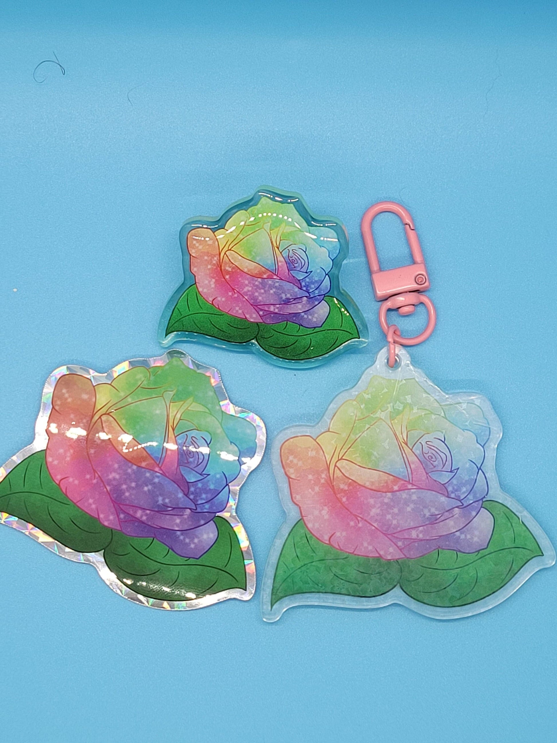 Glittery Rainbow Pride Rose- Epoxy Pin, Holo Keychain, Prismatic Sticker