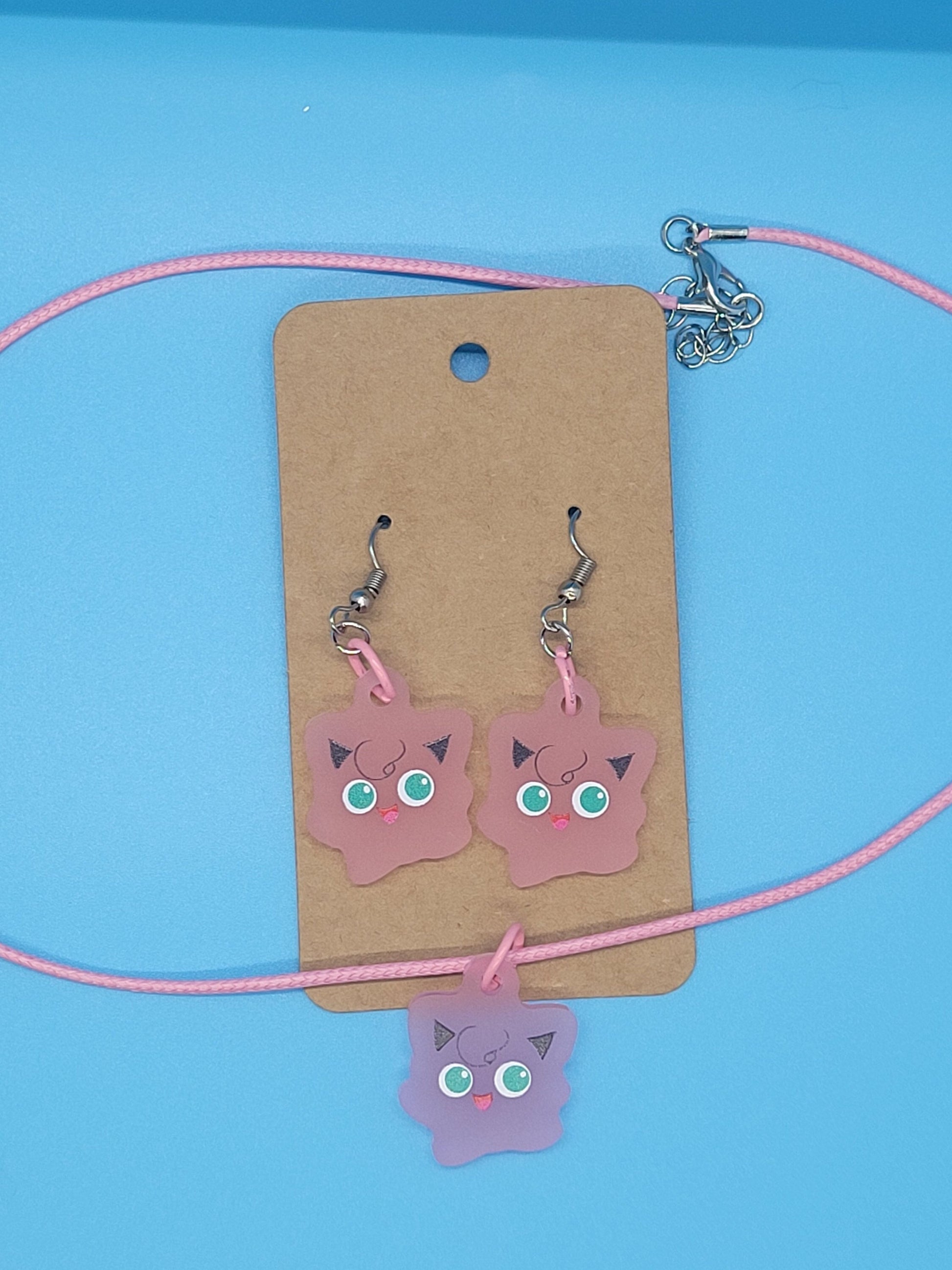 Pokemon Frosted Acrylic Jigglypuff Dangle Earrings + Cord Necklace