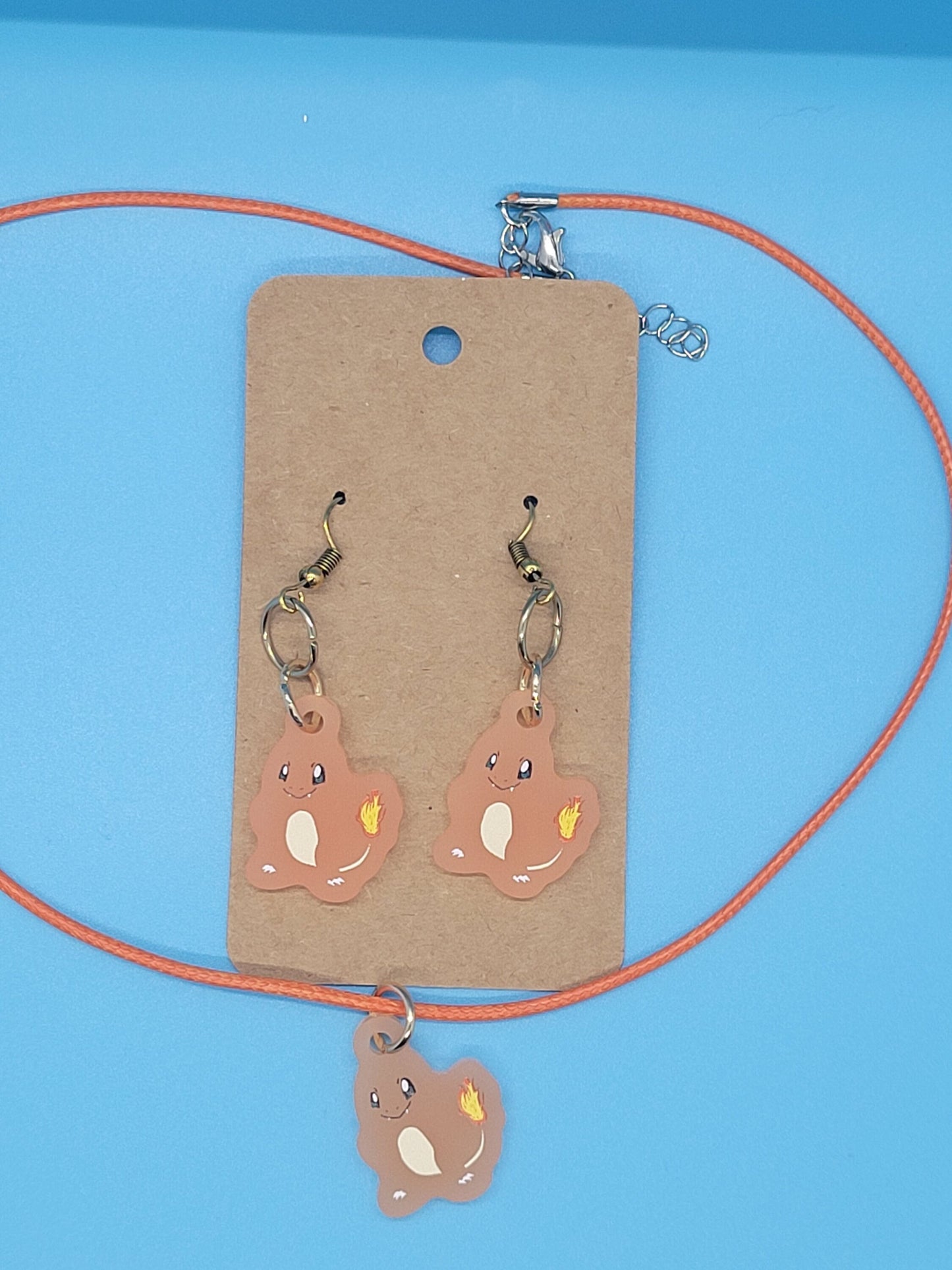 Pokemon Frosted Acrylic Charmander Dangle Earrings + Cord Necklace