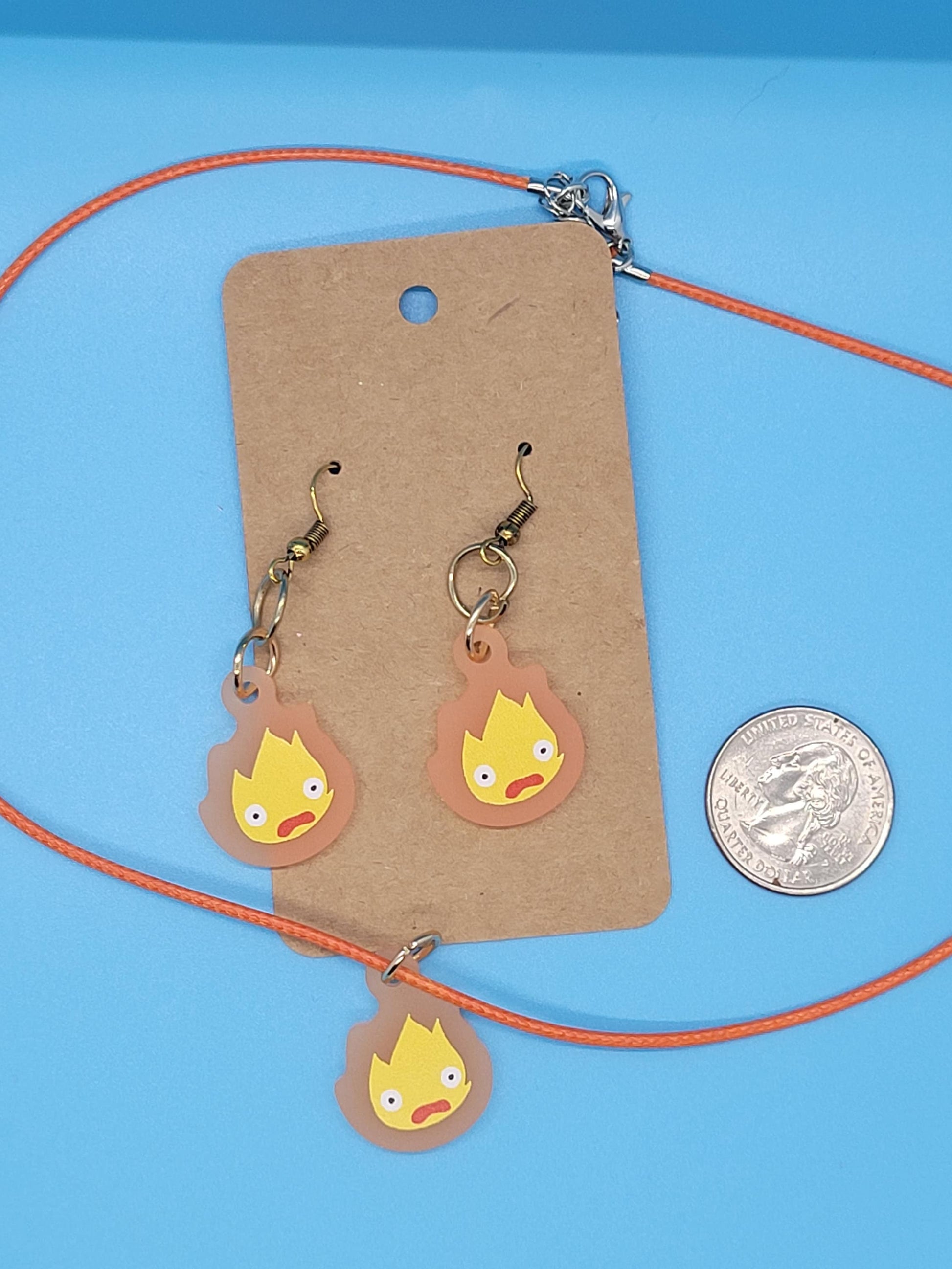 Howl's Moving Castle Frosted Acrylic Calcifer Dangle Earrings + Cord Necklace