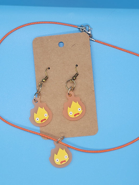 Howl's Moving Castle Frosted Acrylic Calcifer Dangle Earrings + Cord Necklace