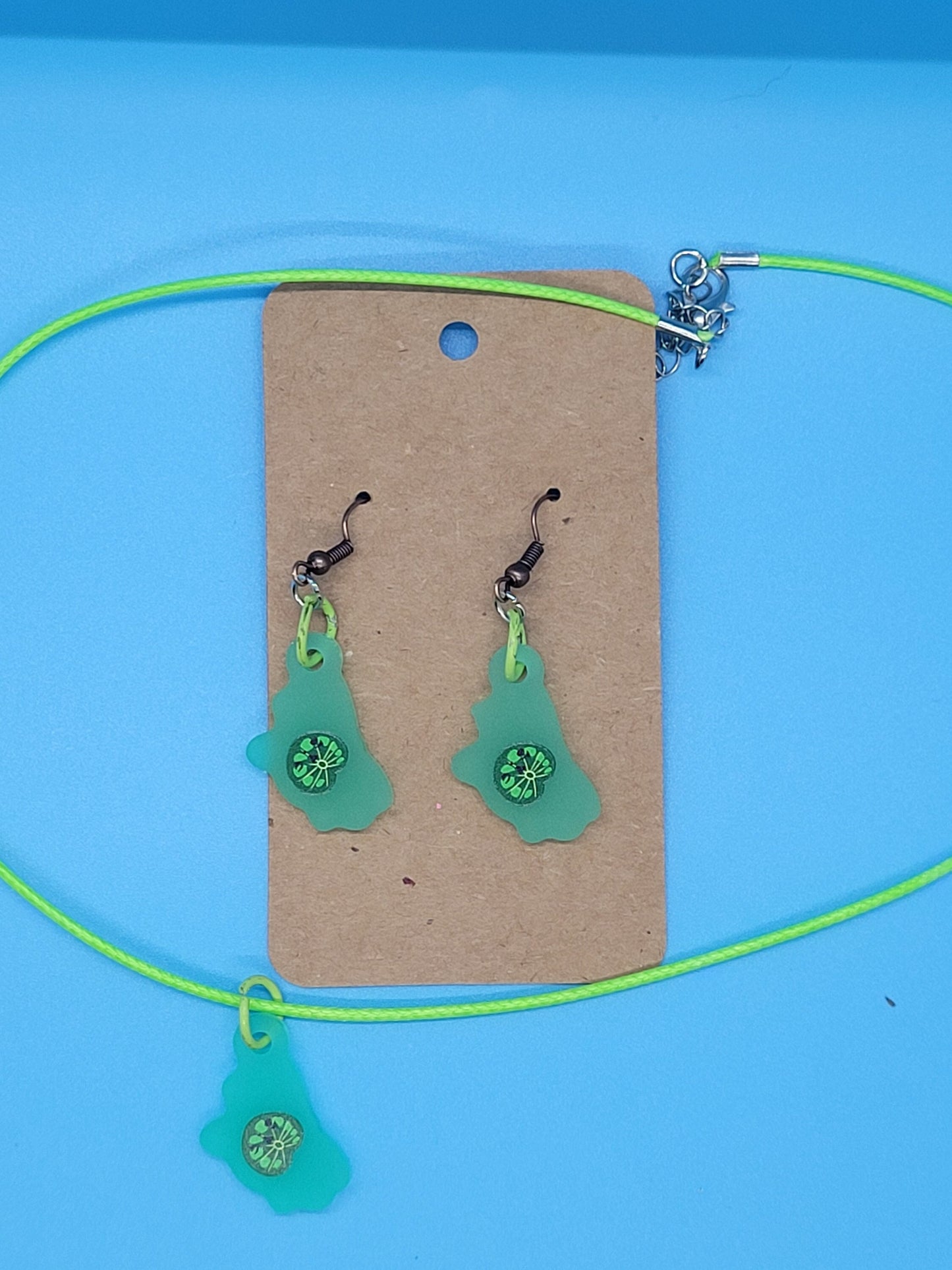 Legend Of Zelda Frosted Acrylic Korok Dangle Earrings + Cord Necklace