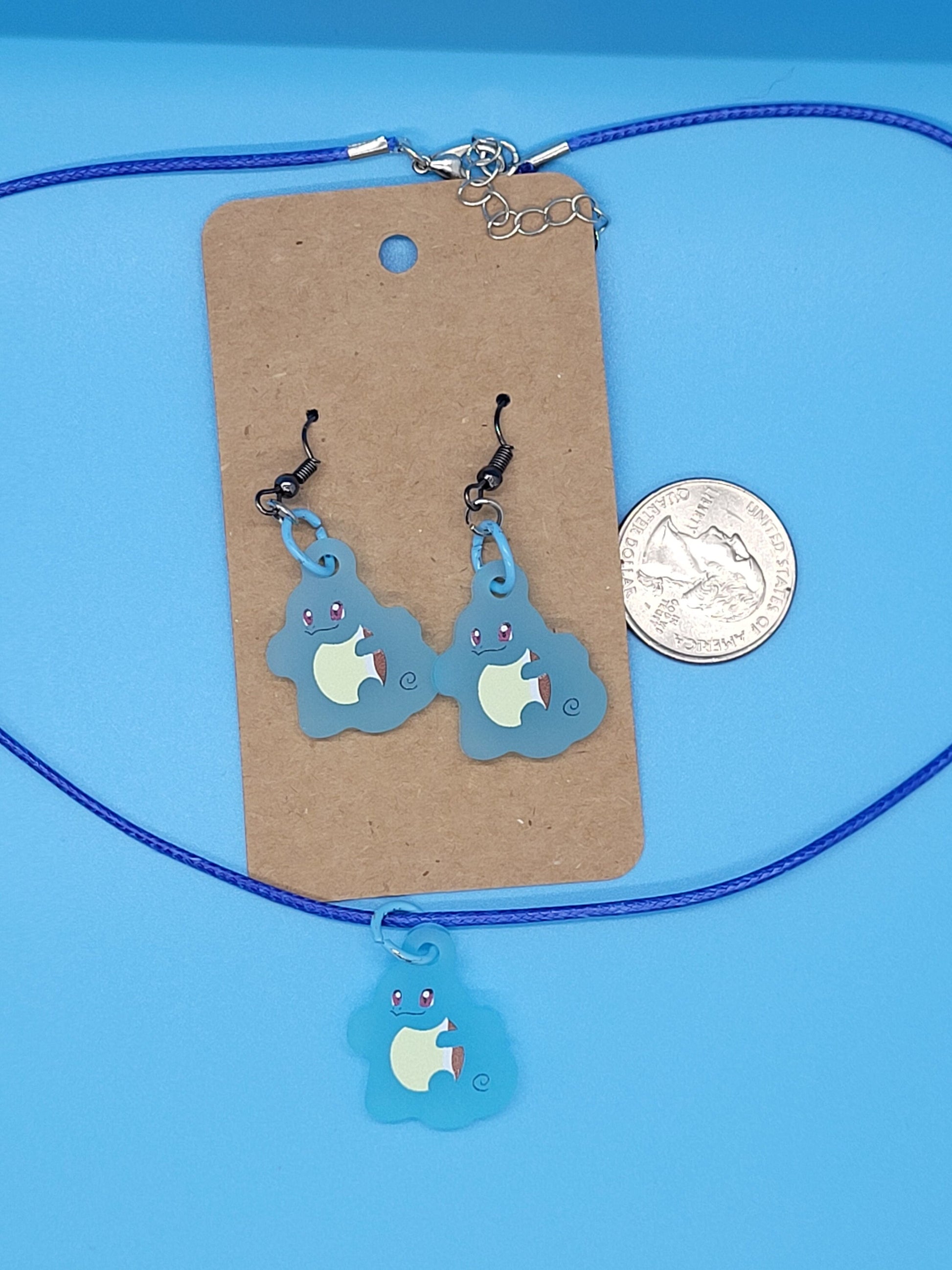 Pokemon Frosted Acrylic Squirtle Dangle Earrings + Cord Necklace