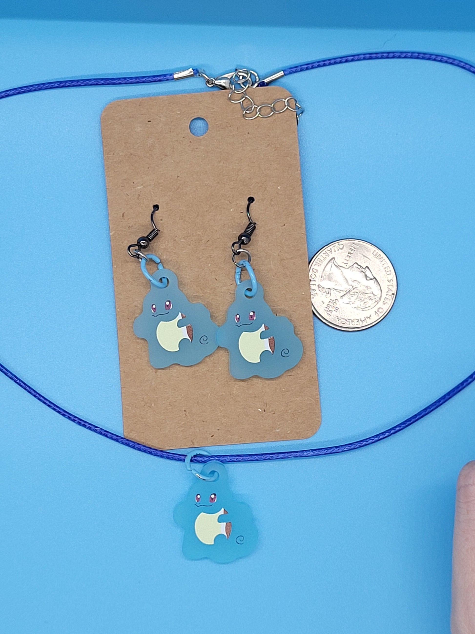 Pokemon Frosted Acrylic Squirtle Dangle Earrings + Cord Necklace