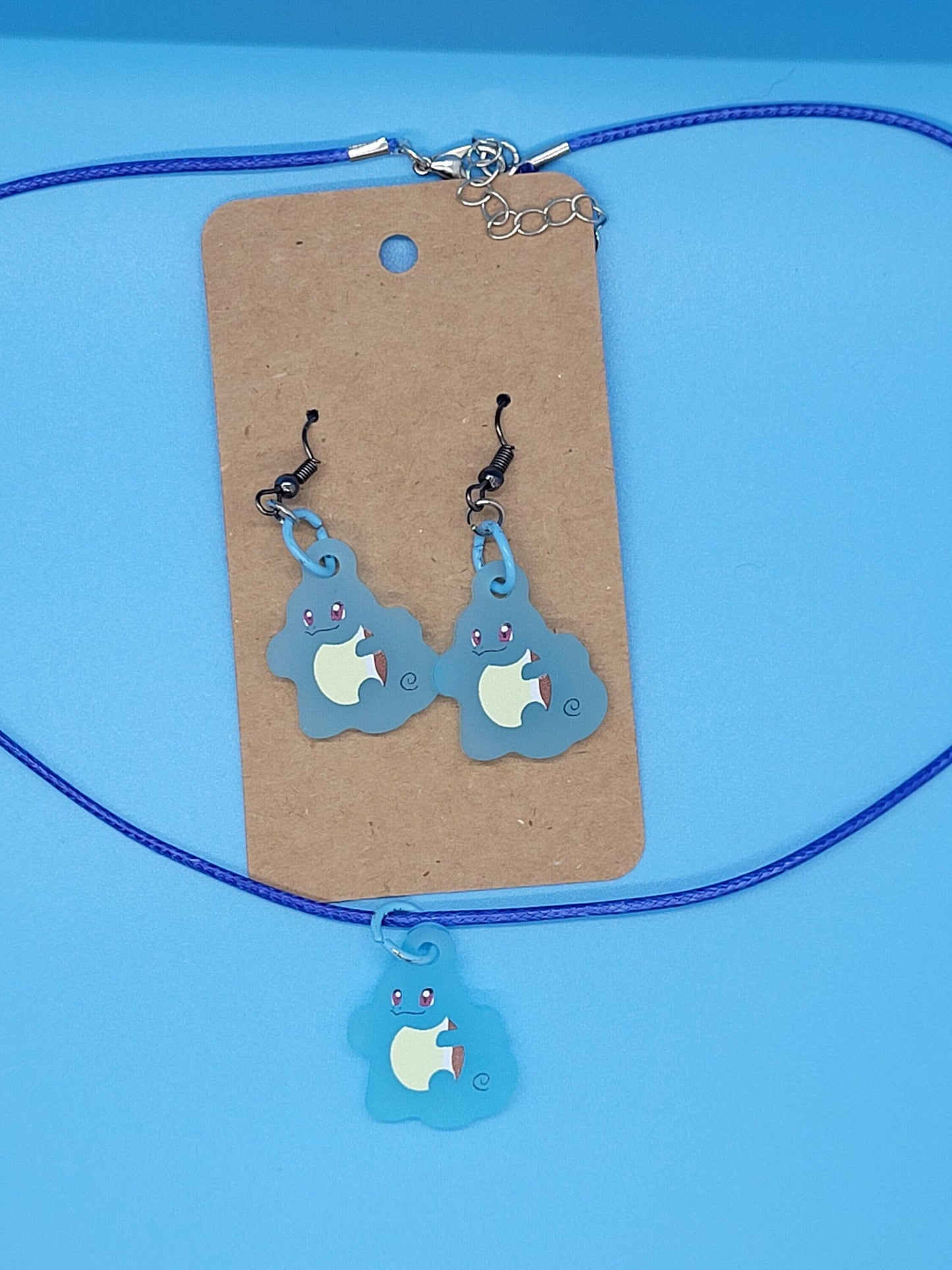 Pokemon Frosted Acrylic Squirtle Dangle Earrings + Cord Necklace