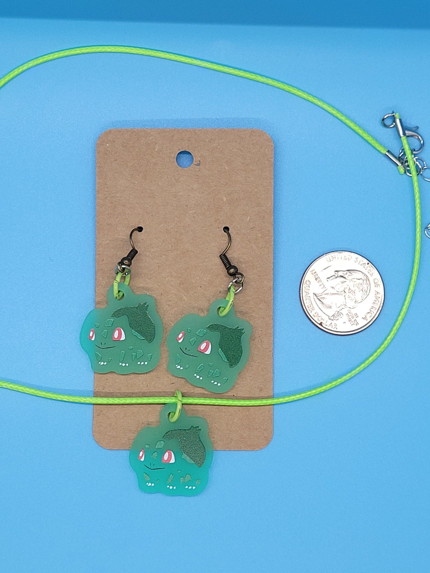 Pokemon Frosted Acrylic Bulbasaur Dangle Earrings + Cord Necklace