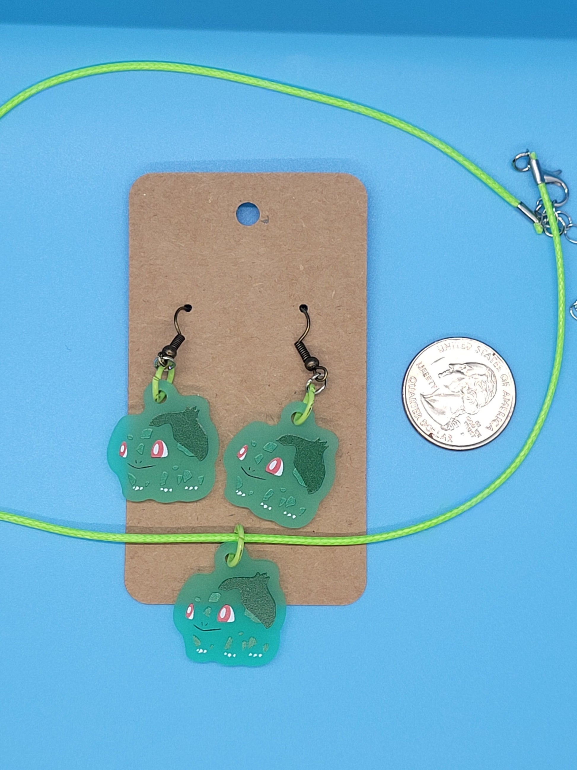 Pokemon Frosted Acrylic Bulbasaur Dangle Earrings + Cord Necklace