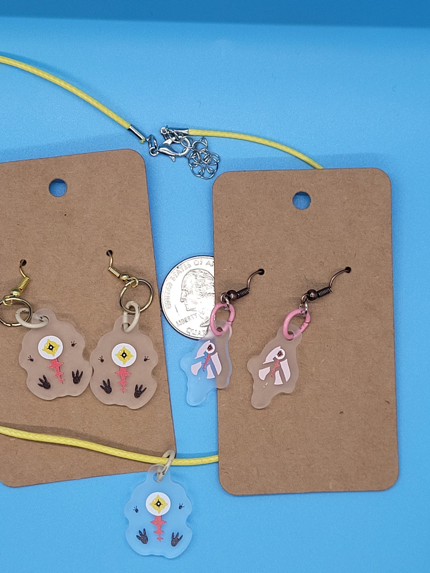 Ai The Somnium Files Frosted Acrylic Aiba and Tama Dangle Earrings + Cord Necklace